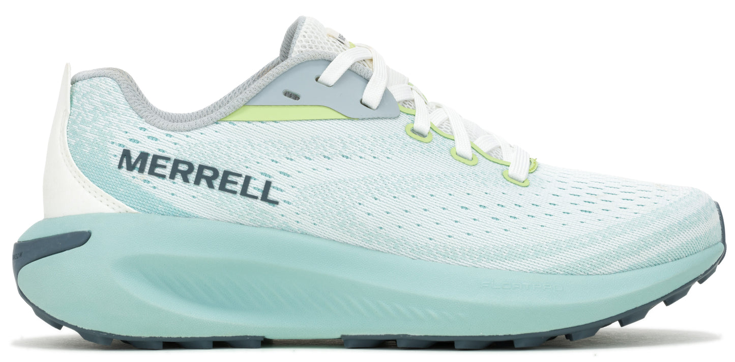 A running shoe featuring a light turquoise and white color scheme, with 'MERRELL' displayed on the side.