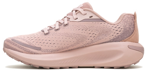 A pink running shoe with mesh upper and a thick sole.