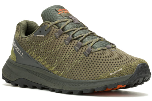 A low-rise, mesh athletic shoe in olive-green with dark-gray laces.