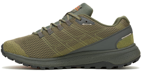 Olive green running shoe with a mesh upper and a chunky sole.