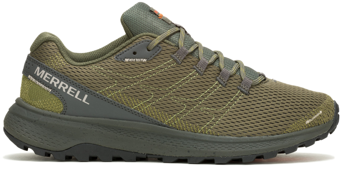 A green running shoe with the word 'MERRELL' on the side.