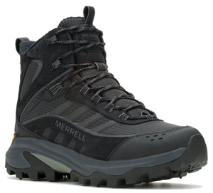 Black high-top hiking boot with gray laces and MERRELL imprinted on the side.