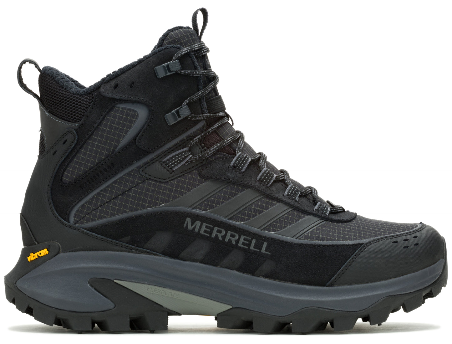 A black boot with high ankle support, dark grey midsole, and the word MERRELL on the side.