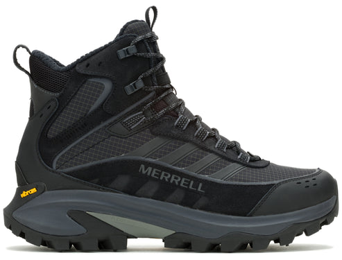 A black boot with high ankle support, dark grey midsole, and the word MERRELL on the side.