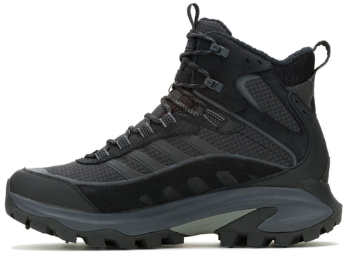 Profile view of a black, high top hiking boot with a heavily lugged sole and combination of synthetic and mesh uppers.