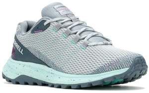 A gray walking shoe with light green sole and gray laces.