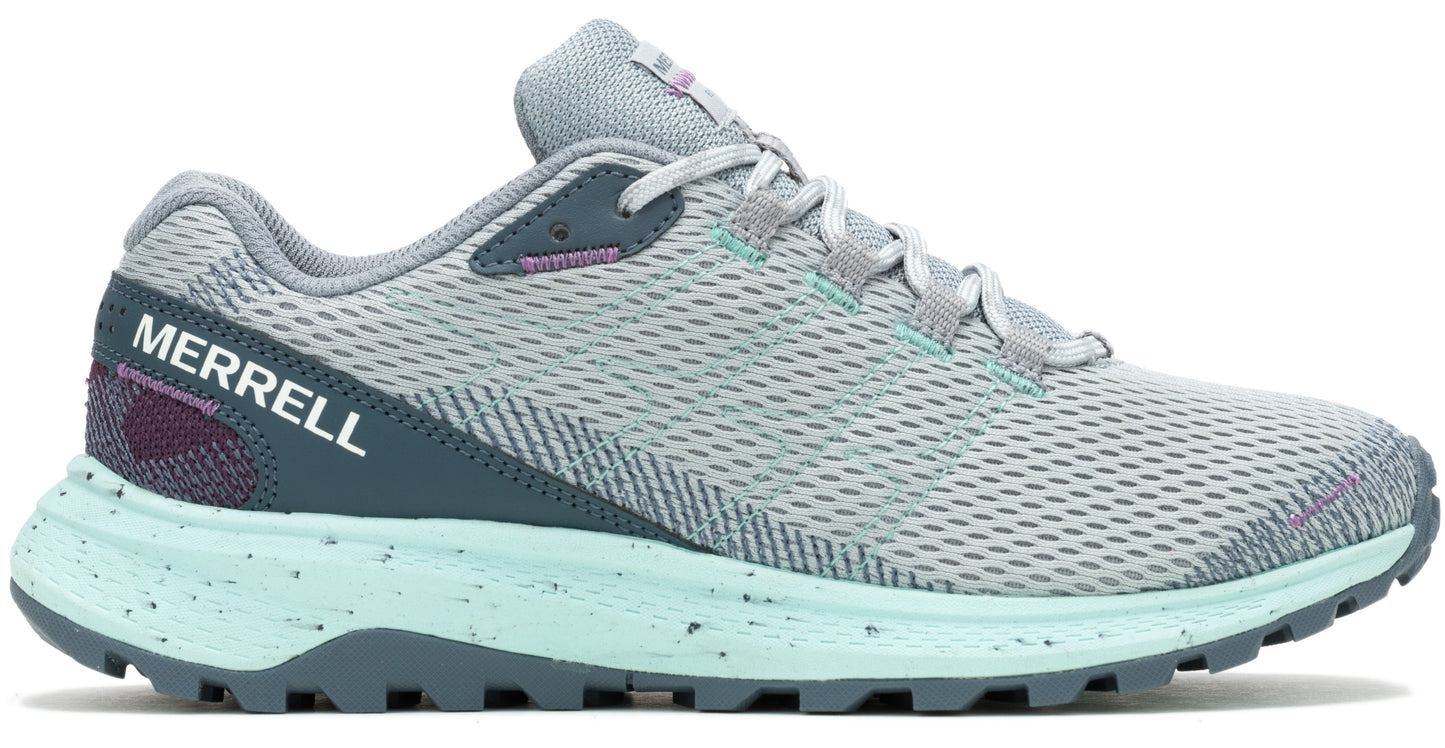 Grey running shoe with the word "MERRELL" printed.