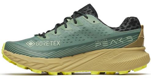 Green running shoe with black laces, yellow sole, and GORE-TEX label.