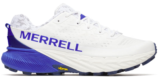 A white running shoe with a blue accent.