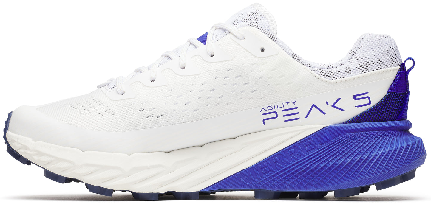 A white trail running shoe with blue sole and "Agility Peaks 5" written in blue.