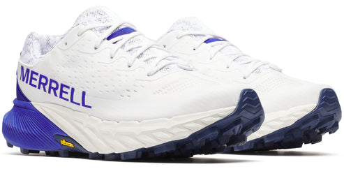 A pair of white running shoes with blue accents.
