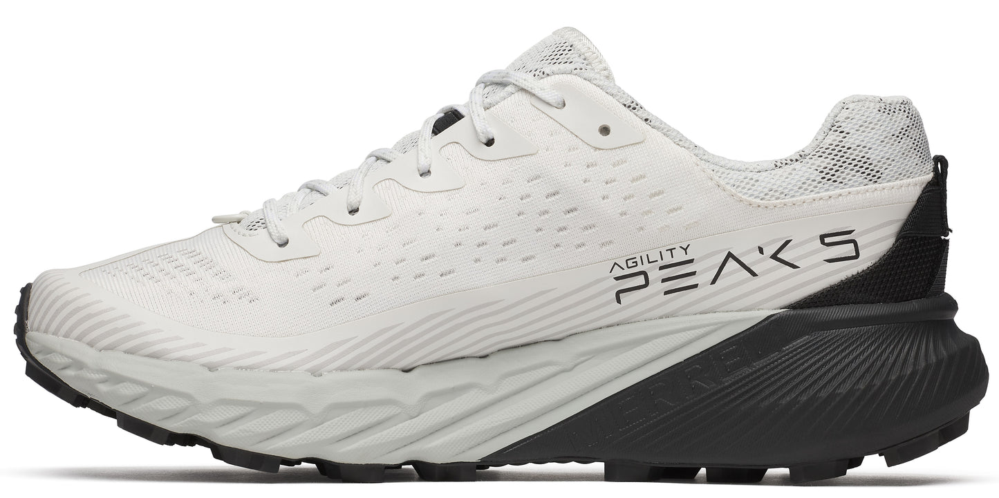 A white running shoe with black heel and sole that says "AGILITY PEAKS 5".