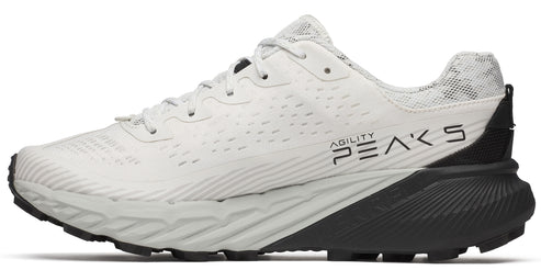 A white running shoe with black heel and sole that says "AGILITY PEAKS 5".