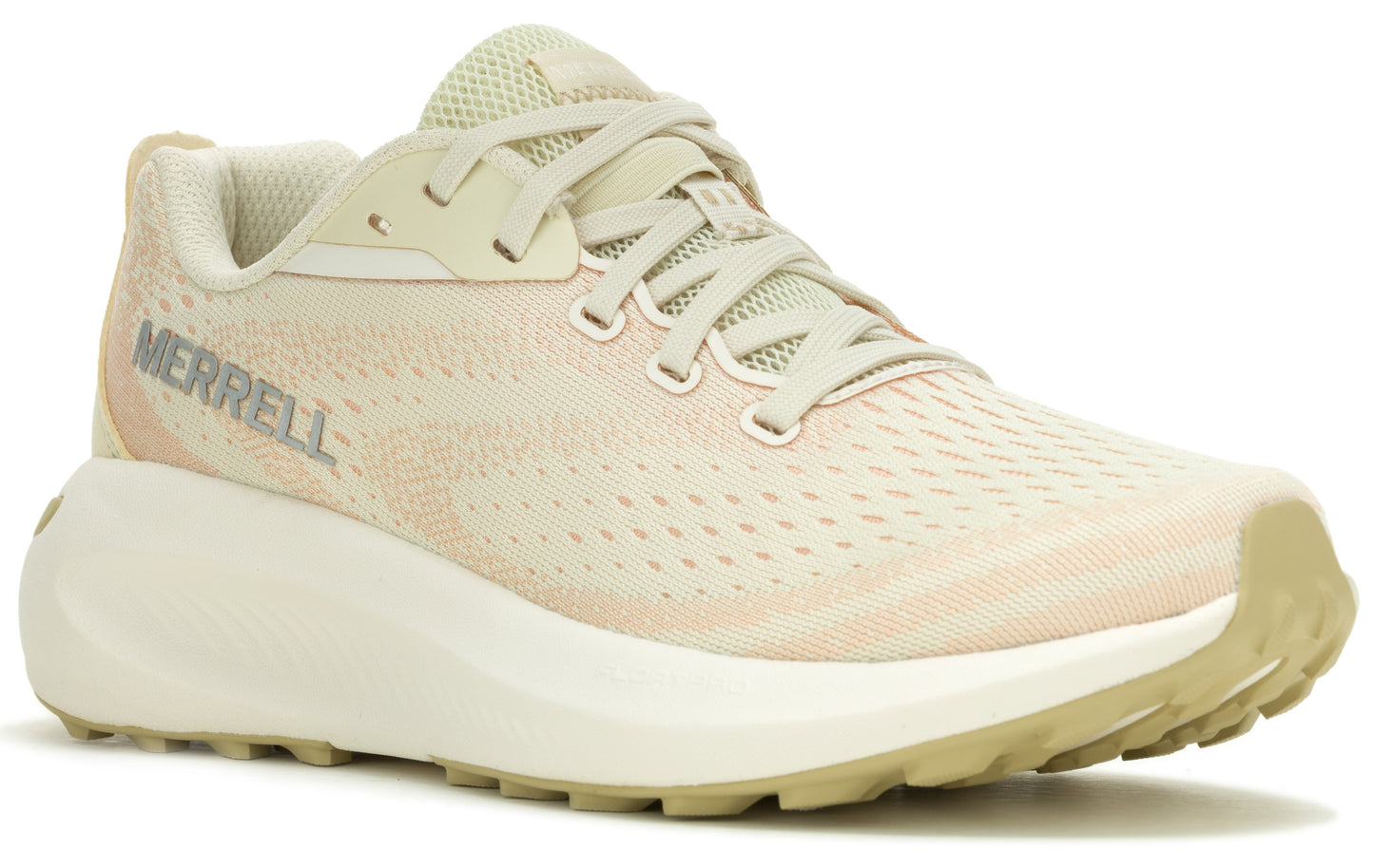 Off-white running shoe with a thick sole and "MERRELL" visible.