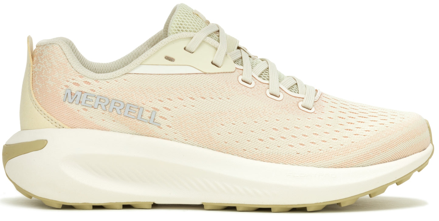 Tan athletic shoe with light laces and the word MERRELL on the side.