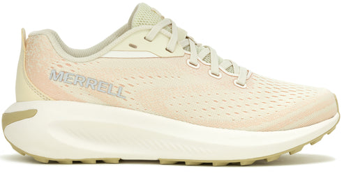 Tan athletic shoe with light laces and the word MERRELL on the side.