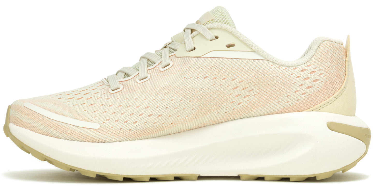 A running shoe with a tan breathable mesh upper and a thick white midsole, atop a tan outsole with small knobs for traction.