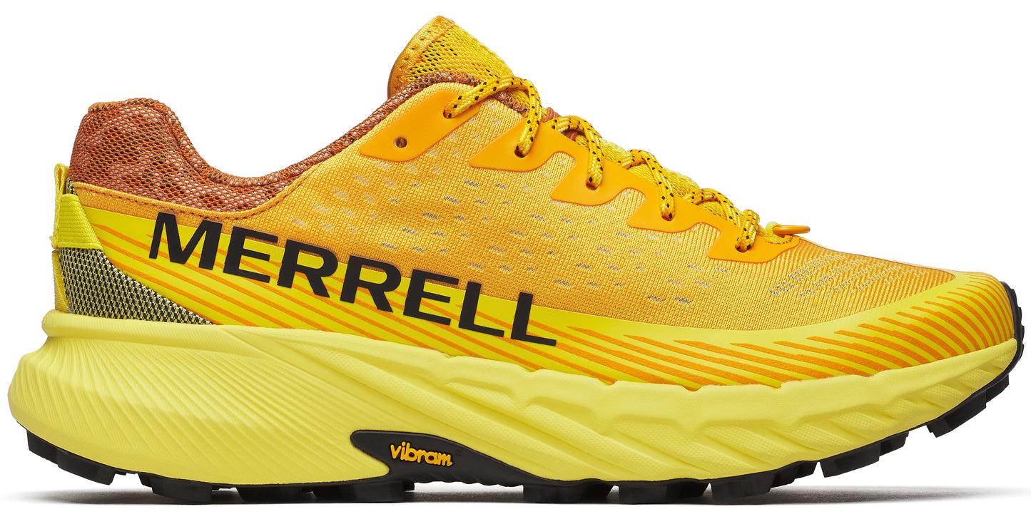 Yellow running shoe with "MERRELL" in bold black lettering on the side.