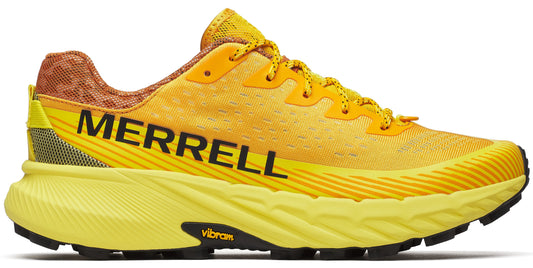 Yellow running shoe with "MERRELL" in bold black lettering on the side.