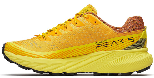Yellow running shoe with the text "Agility Peaks" on the side.