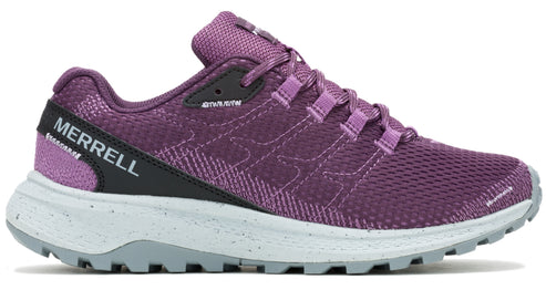 Purple trail running shoe with gray sole and black heel.