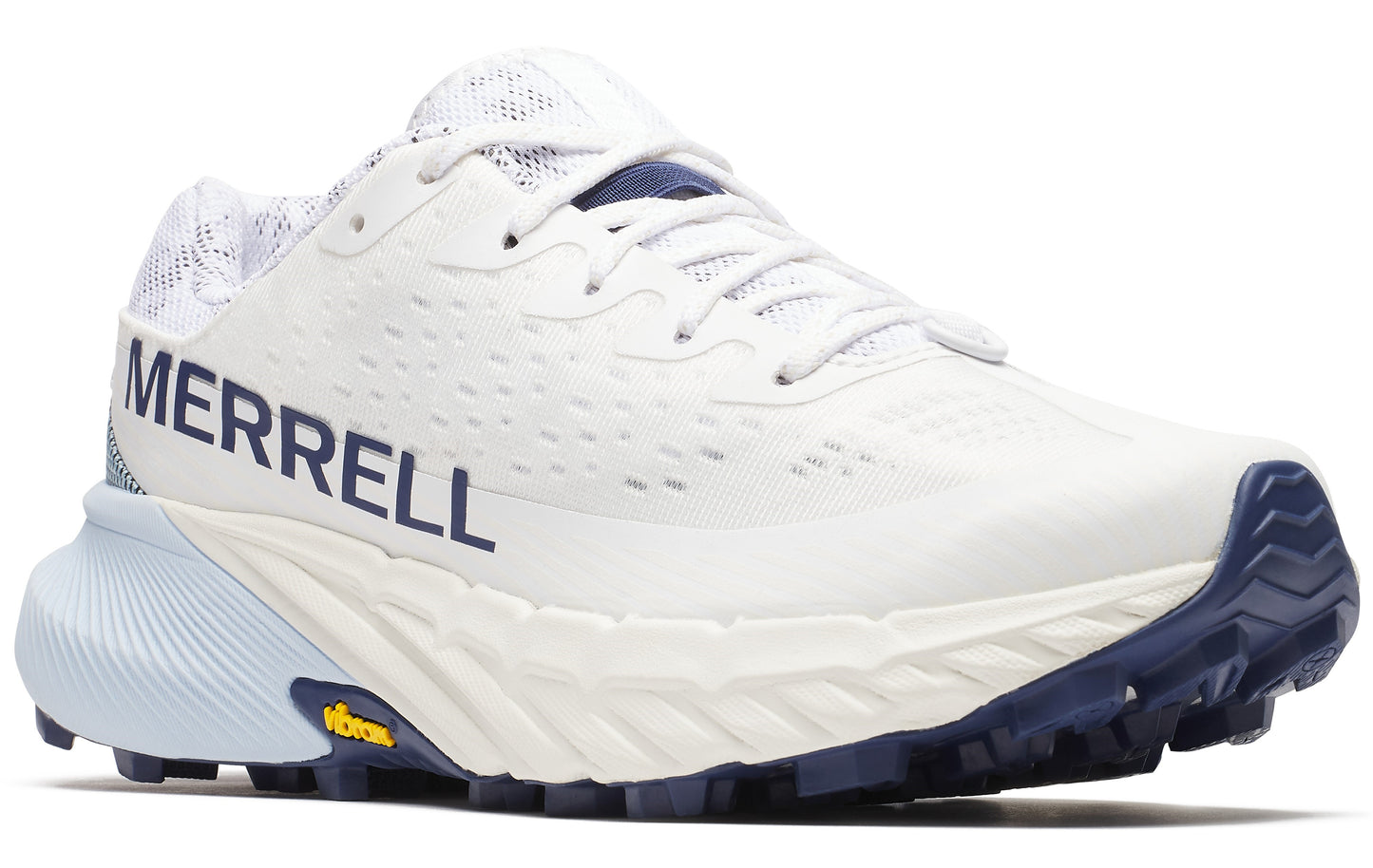 White athletic shoe with dark blue accents and the word MERRELL written on the side.