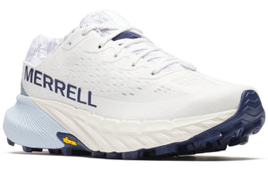White athletic shoe with dark blue accents and the word MERRELL written on the side.