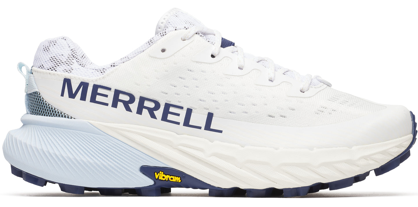 A white running shoe with the word MERRELL in navy lettering along the side and a Vibram logo on the sole.