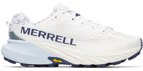 A white running shoe with the word MERRELL in navy lettering along the side and a Vibram logo on the sole.