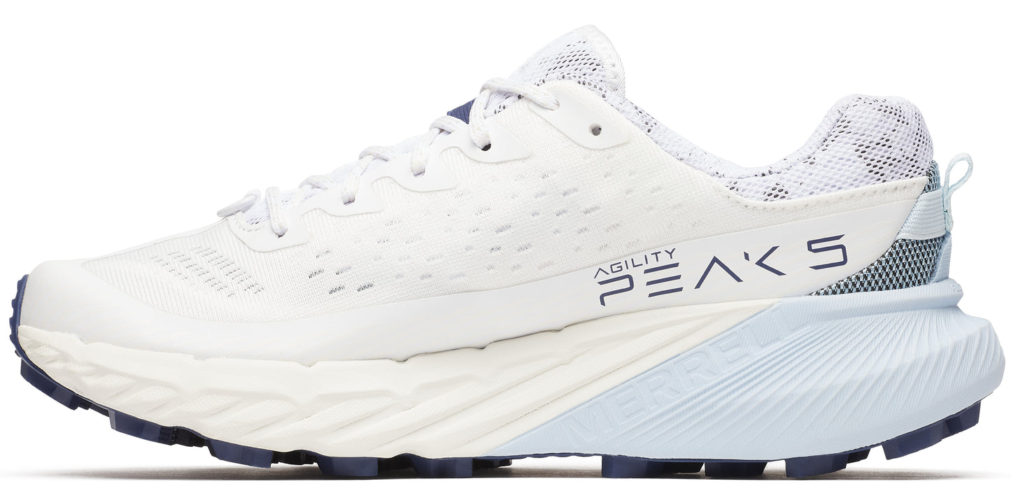 a white running shoe with 'Agility Peaks 5' printed on the side