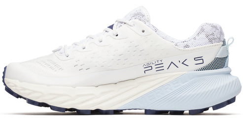 a white running shoe with 'Agility Peaks 5' printed on the side