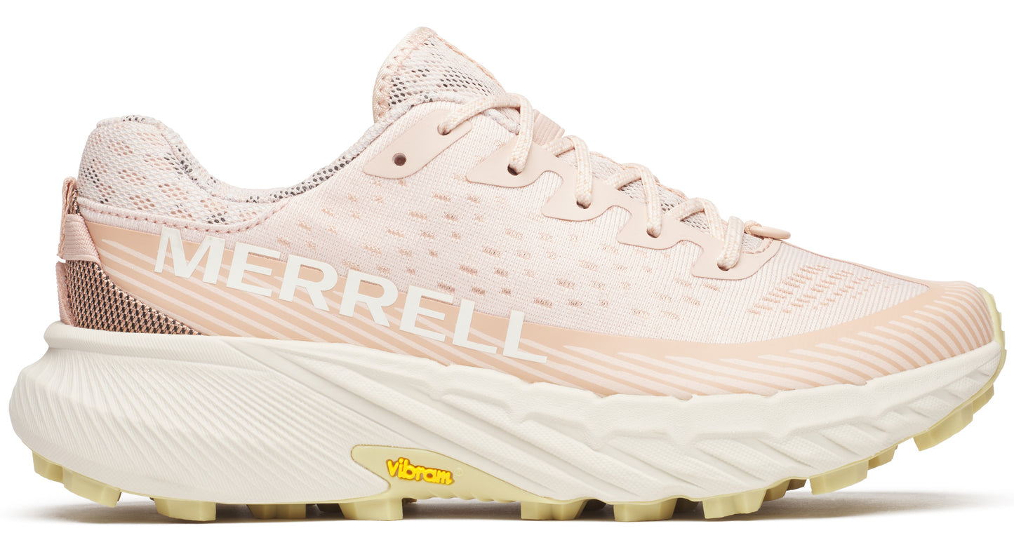 A light pink trail running shoe with white “MERRELL” text on the side, white midsole, and a mesh upper.
