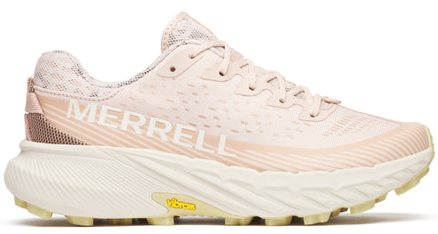 A light pink trail running shoe with white “MERRELL” text on the side, white midsole, and a mesh upper.