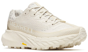 Off-white running shoe with "MERRELL" printed on the side and a thick Vibram sole.
