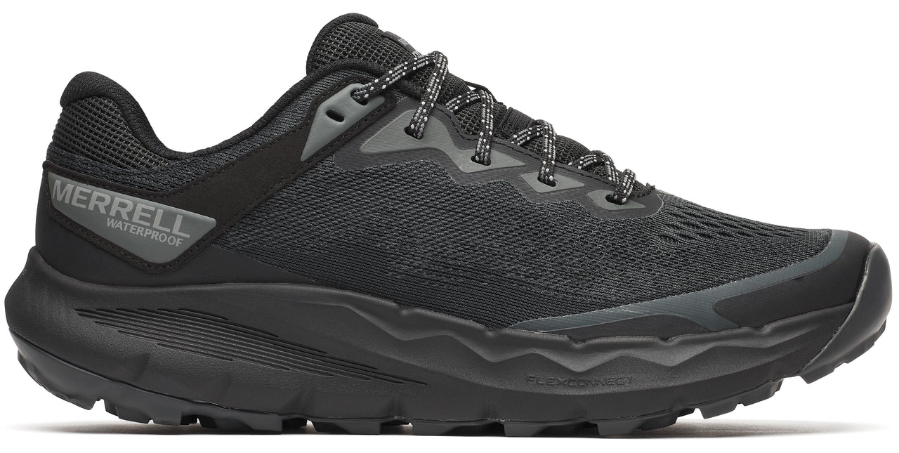 A black waterproof running shoe with a mesh upper and thick sole, featuring laces and the word "MERRELL" on the heel.