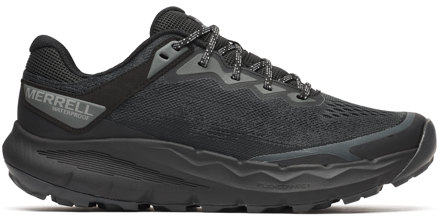A black waterproof running shoe with a mesh upper and thick sole, featuring laces and the word "MERRELL" on the heel.