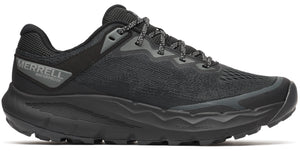 A black waterproof running shoe with a mesh upper and thick sole, featuring laces and the word "MERRELL" on the heel.