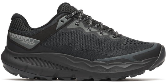 A black waterproof running shoe with a mesh upper and thick sole, featuring laces and the word "MERRELL" on the heel.
