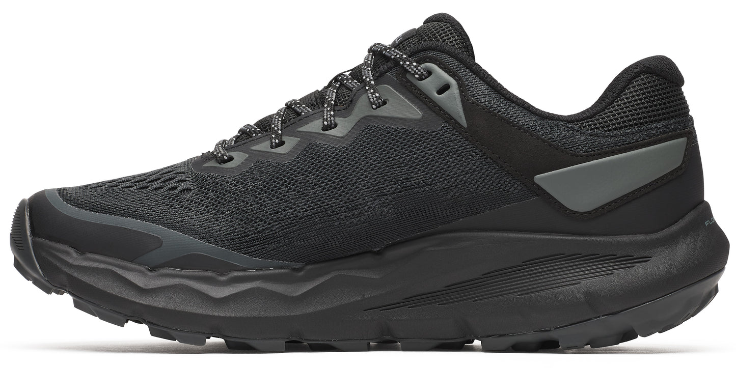 Black running shoe with a thick sole and speckled laces.