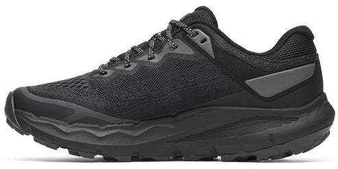 Black running shoe with a thick sole and speckled laces.