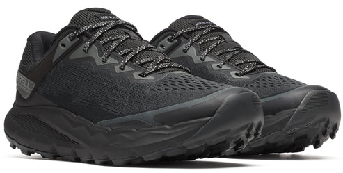A pair of black athletic shoes with treaded soles and patterned laces.