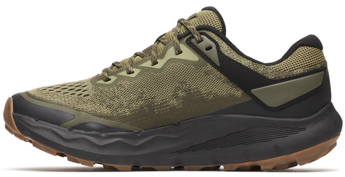 Olive green trail running shoe with black midsole and brown outsole.