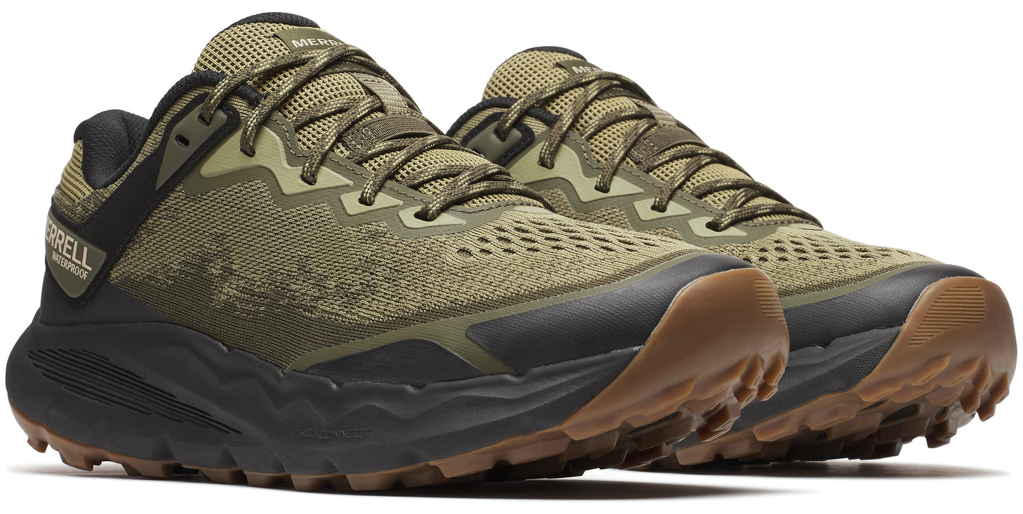 A pair of olive green running shoes with black soles and brown outsoles.