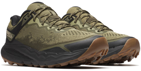 A pair of olive green running shoes with black soles and brown outsoles.