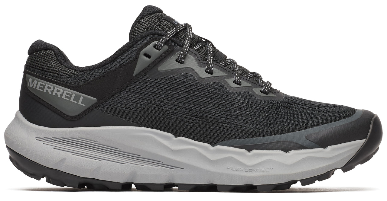A low-rise black athletic shoe with gray soles and shoelaces. "MERRELL" is visible on the outer heel.