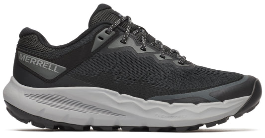 A low-rise black athletic shoe with gray soles and shoelaces. "MERRELL" is visible on the outer heel.