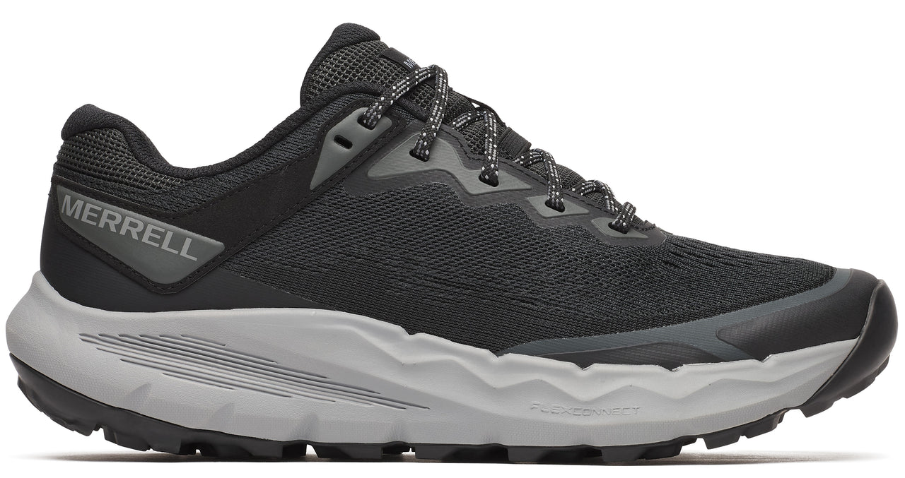 Black athletic shoe with gray midsole and laces.