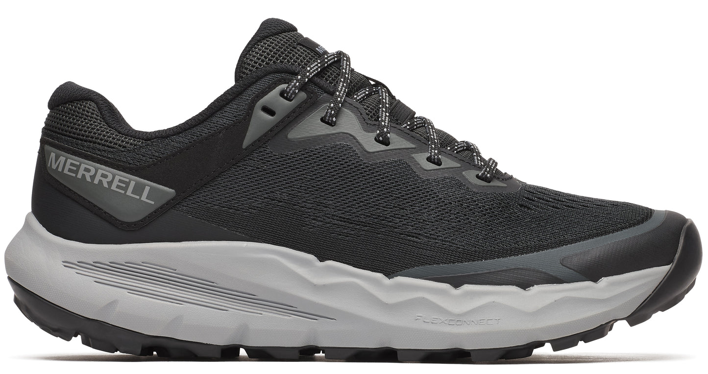 Black athletic shoe with gray midsole and laces.