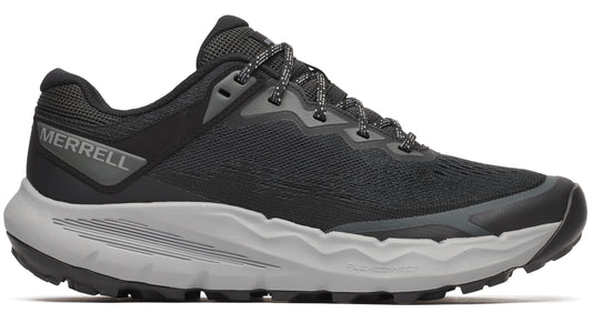 Black athletic shoe with gray midsole and laces.