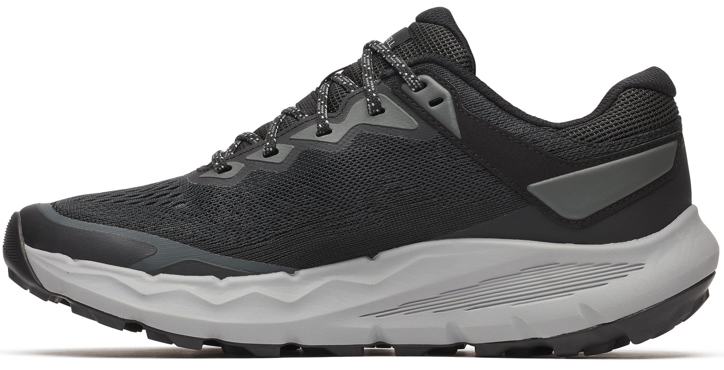 Side view of a black trail running shoe with a gray midsole and patterned laces.